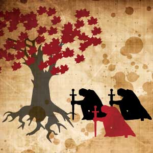 kneeling before heart tree