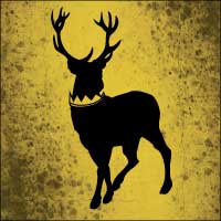 black deer with crown around neck on yellow field