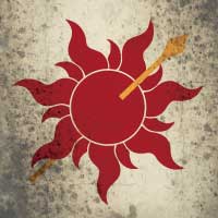 yellow spear through red sun over white field