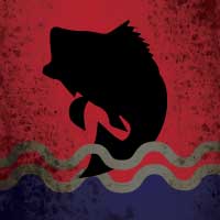 black fish on red and blue field